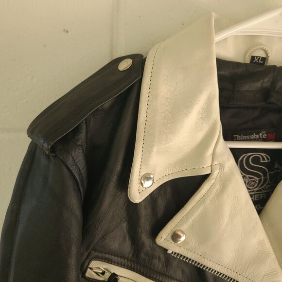 VTG Leather King Black & White Fringe Moto Jacket Braided Western Biker Women XL - Picture 14 of 16